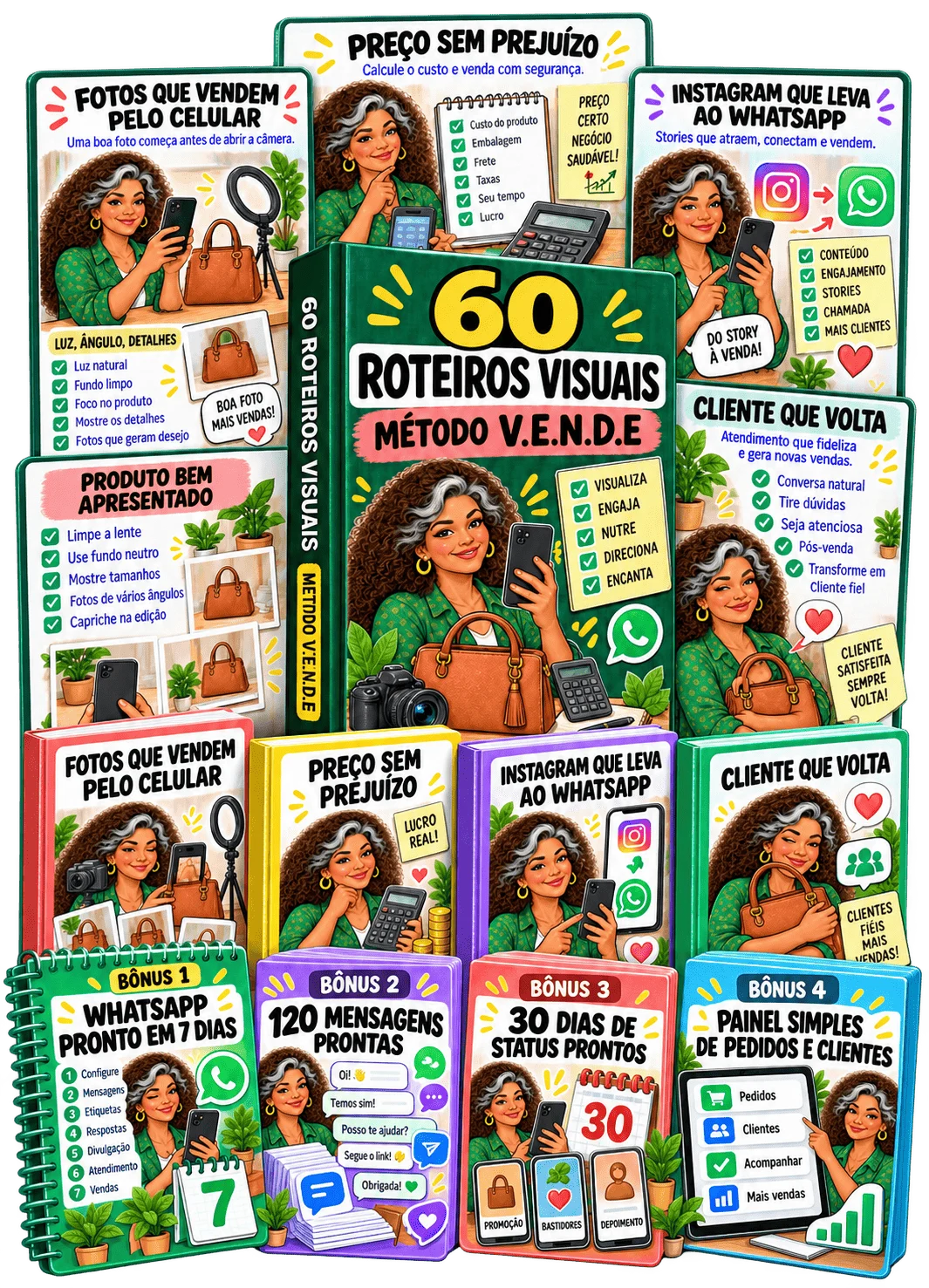 Tudo que você recebe — Kit 60 Roteiros Visuais de WhatsApp que Vende